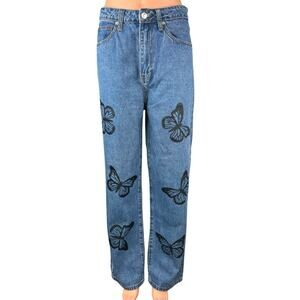 Princess Polly Women's Blue Butterflies Print Wide Leg High Waist Denim Jeans 12